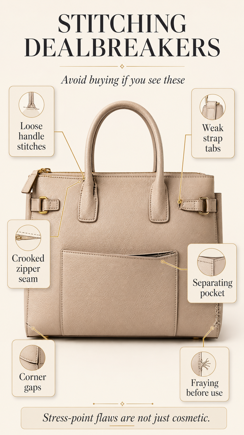 Final warning infographic showing handbag stitching dealbreakers including loose handle stitches, weak strap tabs, crooked zipper stitching, and corner gaps