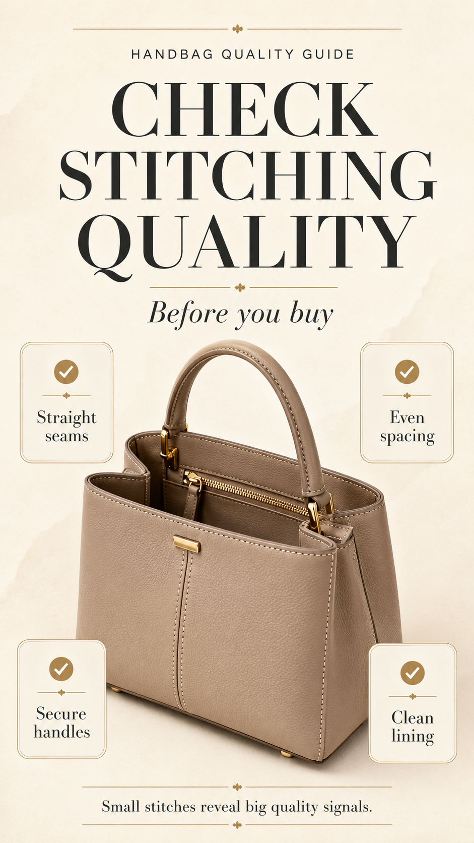 Premium handbag stitching quality guide cover showing close-up seam details on a structured beige women’s bag