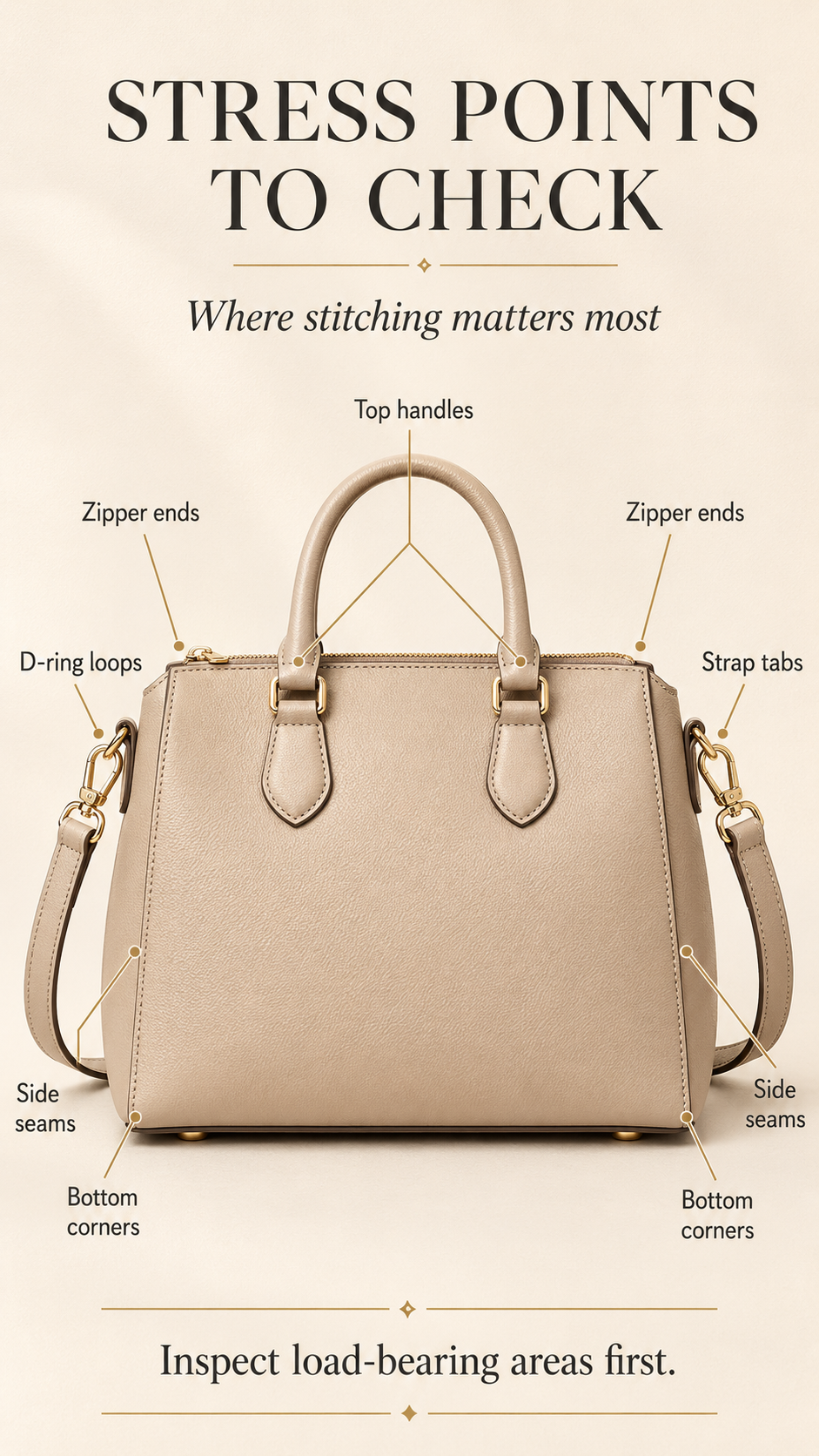 Close-up infographic showing handbag handle stitching stress points, strap tabs, side seams, zipper seam, and bottom corners