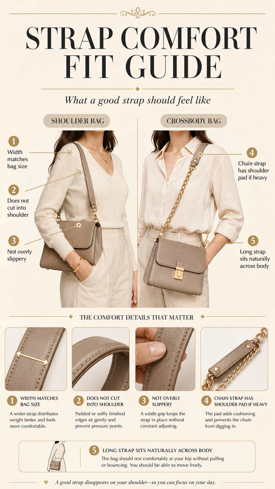 Handbag Strap Comfort Fit Guide Handbag strap comfort fit guide showing shoulder width edge softness grip chain comfort and crossbody placement