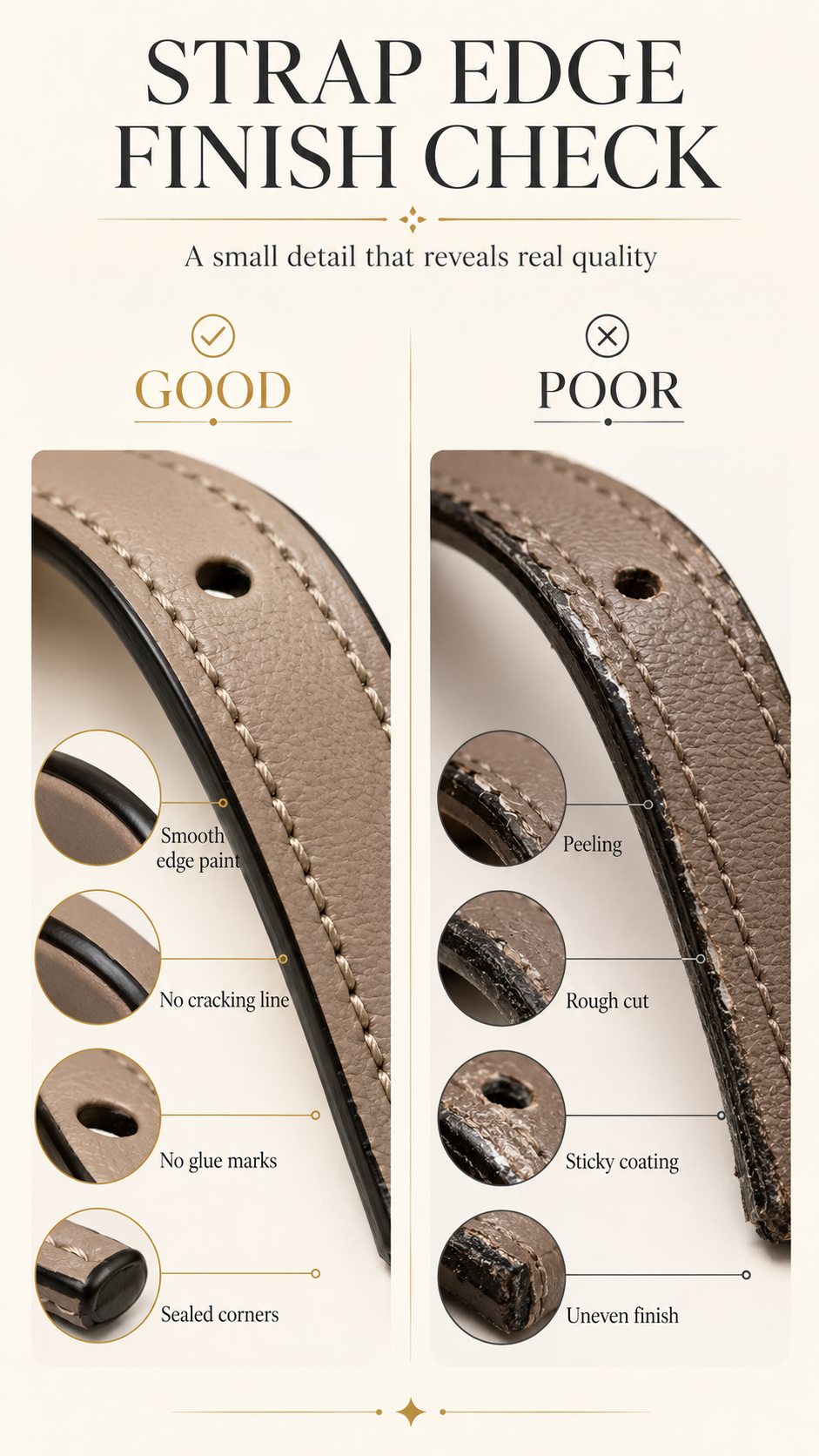 Handbag Strap Edge Finishing Check Premium close-up infographic showing smooth handbag strap edge finishing versus peeling rough and sticky edges