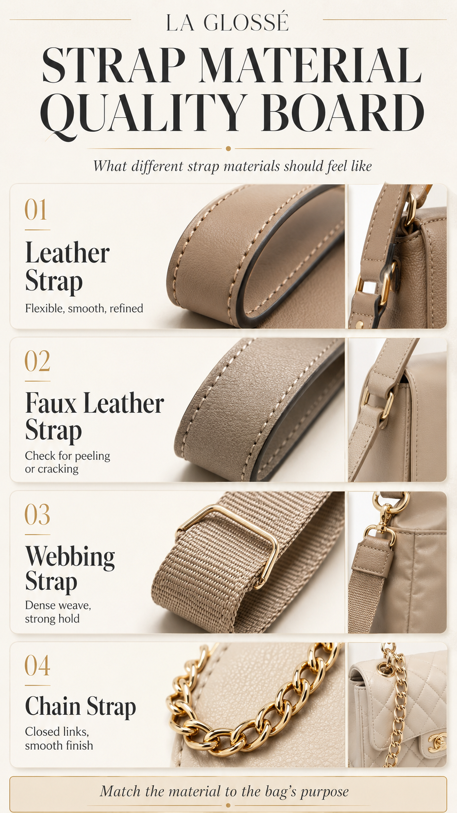 Handbag Strap Material Quality Board Graphical handbag strap material board comparing leather faux leather webbing canvas and chain quality checks