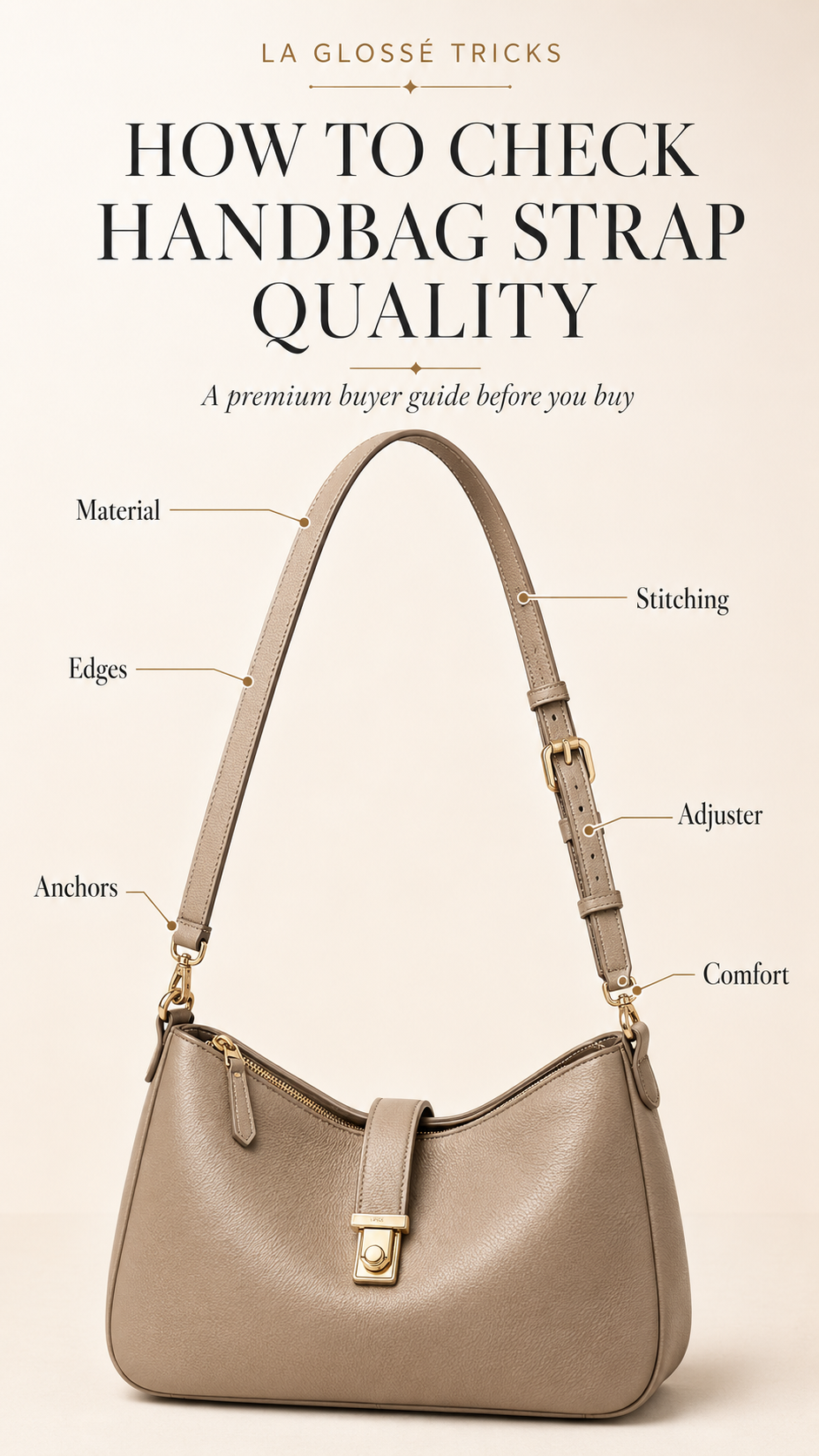 Handbag Strap Quality Feature Premium feature image showing handbag strap quality checkpoints including edge finishing stitching hardware and comfort