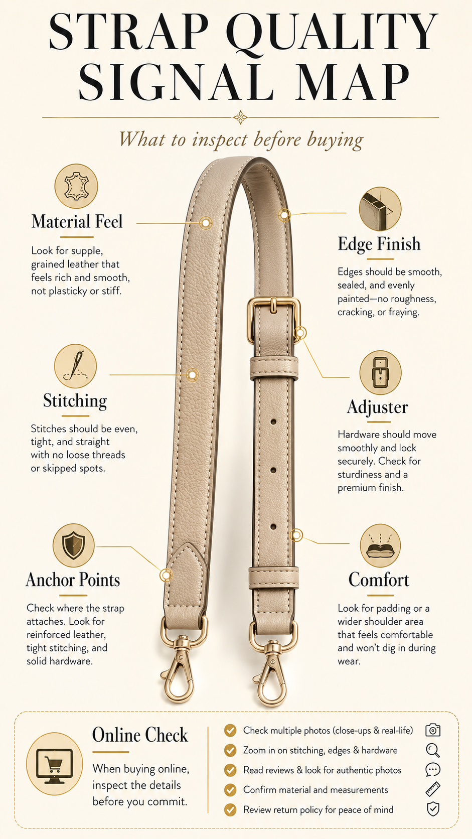 Handbag Strap Quality Signal Map Premium handbag strap quality signal map showing material edge stitching anchor comfort and online checks