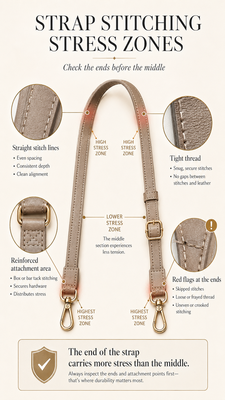 Strap Stitching Stress Zones Graphical strap stitching stress zones showing strap ends hardware folds long seam and underside checks