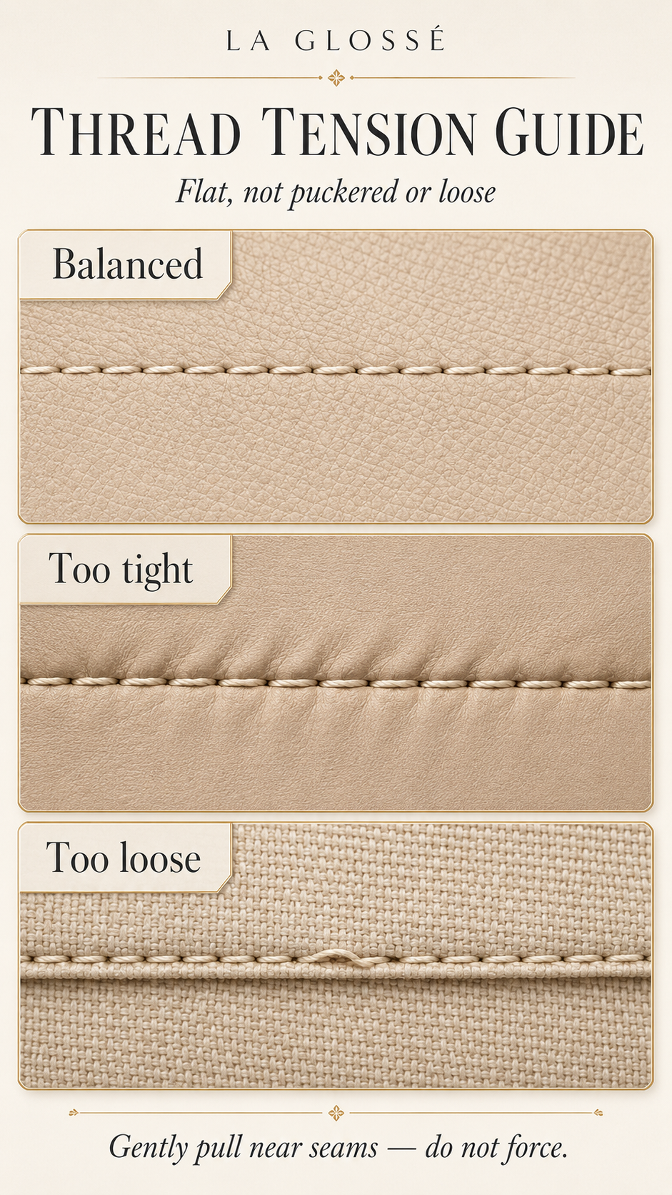 Educational infographic showing balanced thread tension, tight puckered stitching, and loose seam grinning on handbags