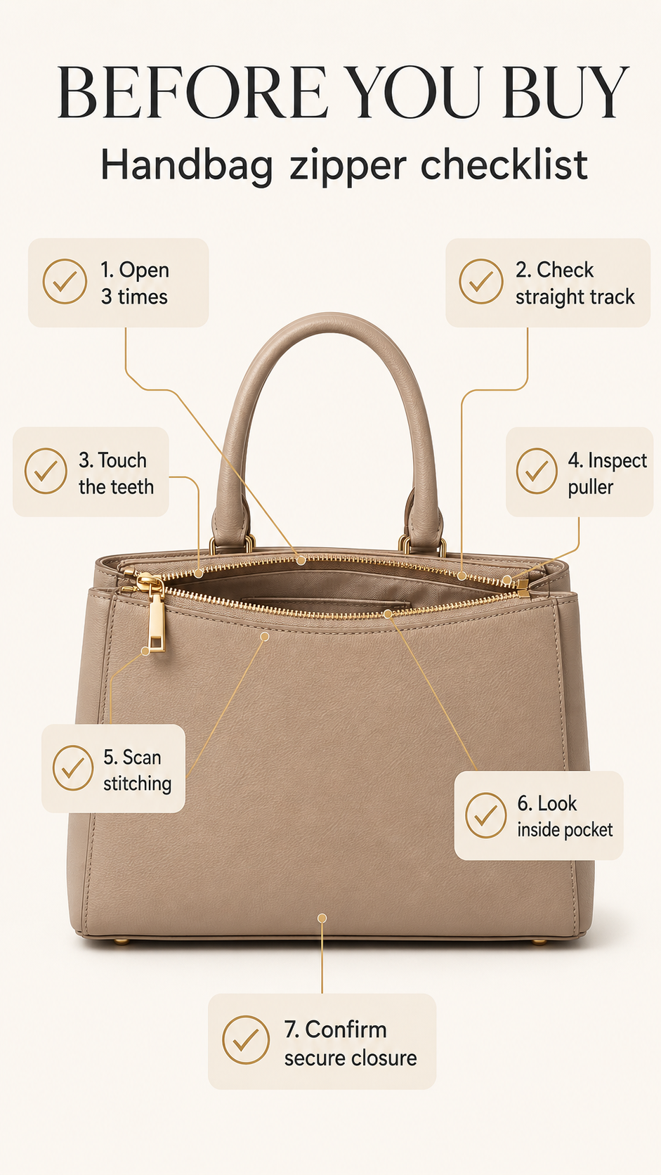 Handbag zipper buying checklist showing smooth glide, straight alignment, firm puller, clean zipper tape, secure stops, and lining clearance