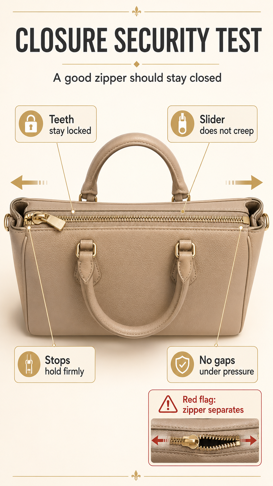 Handbag zipper closure security test showing teeth staying locked, slider not creeping, firm stops, and no gaps under pressure