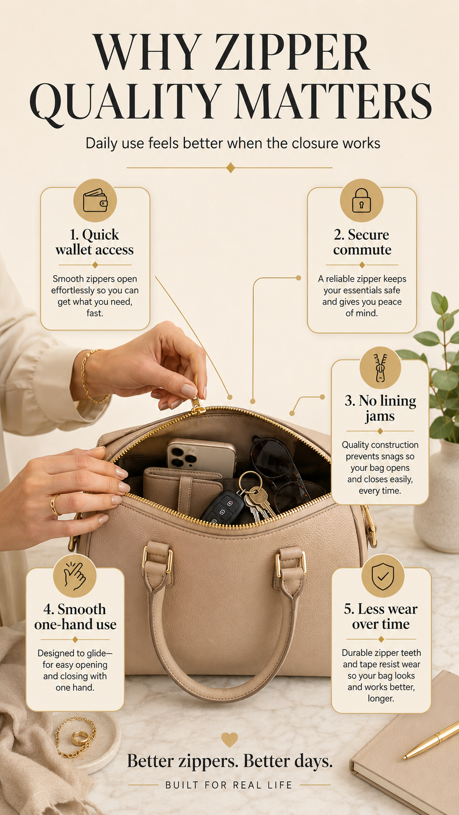 Lifestyle infographic showing how handbag zipper quality affects daily use, quick wallet access, secure commute, and smooth one-hand opening