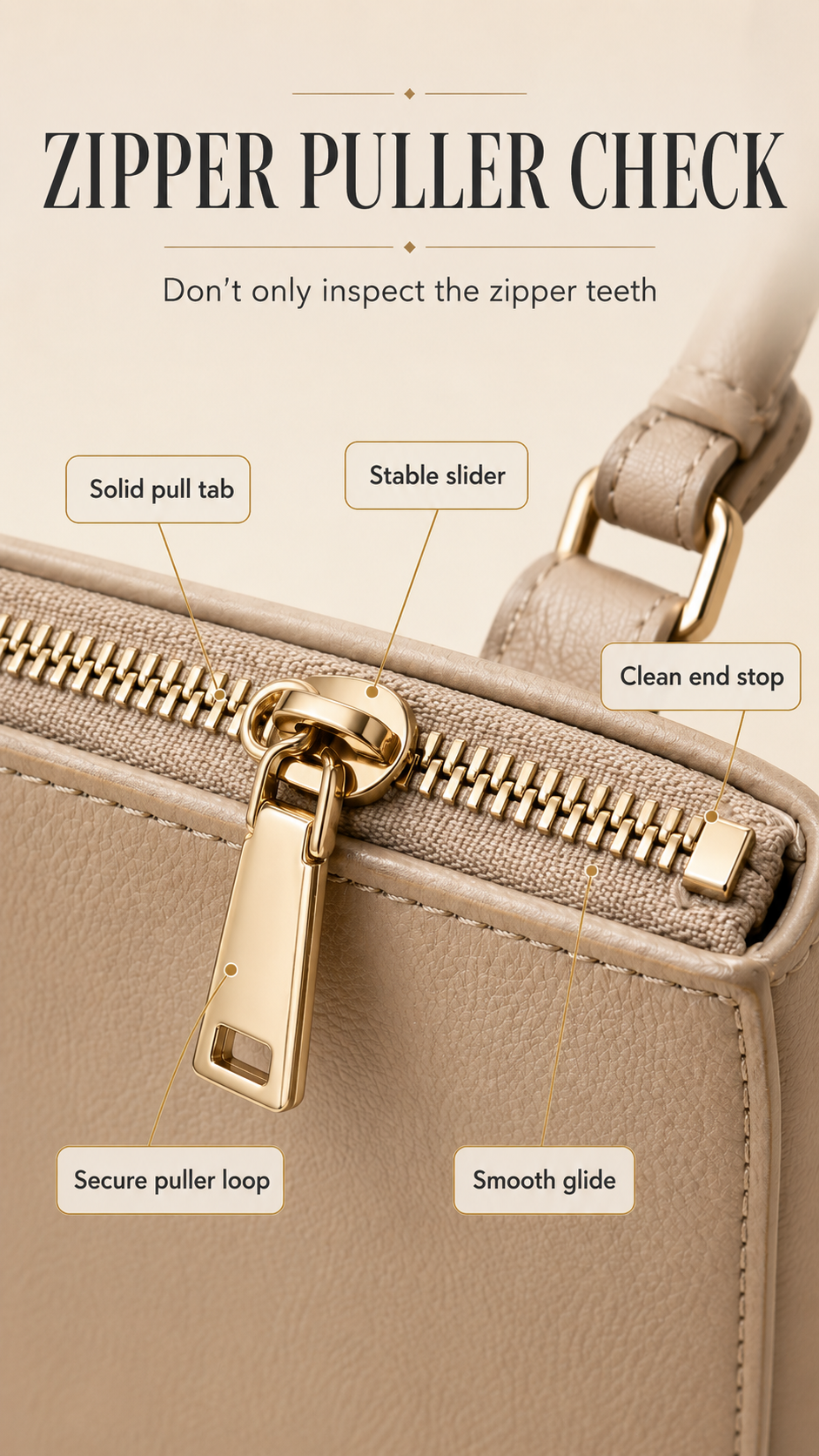 Handbag zipper puller hardware check showing slider body, pull tab, puller loop, and zipper end stop inspection points