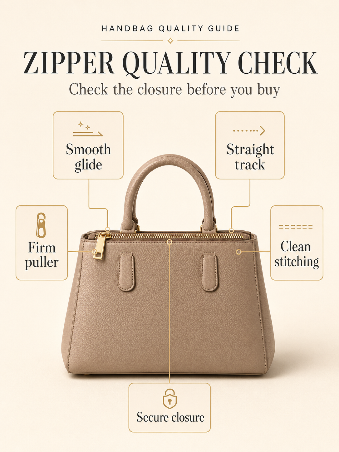 Premium handbag zipper quality guide showing smooth glide, straight zipper track, firm puller, clean stitching, and secure closure