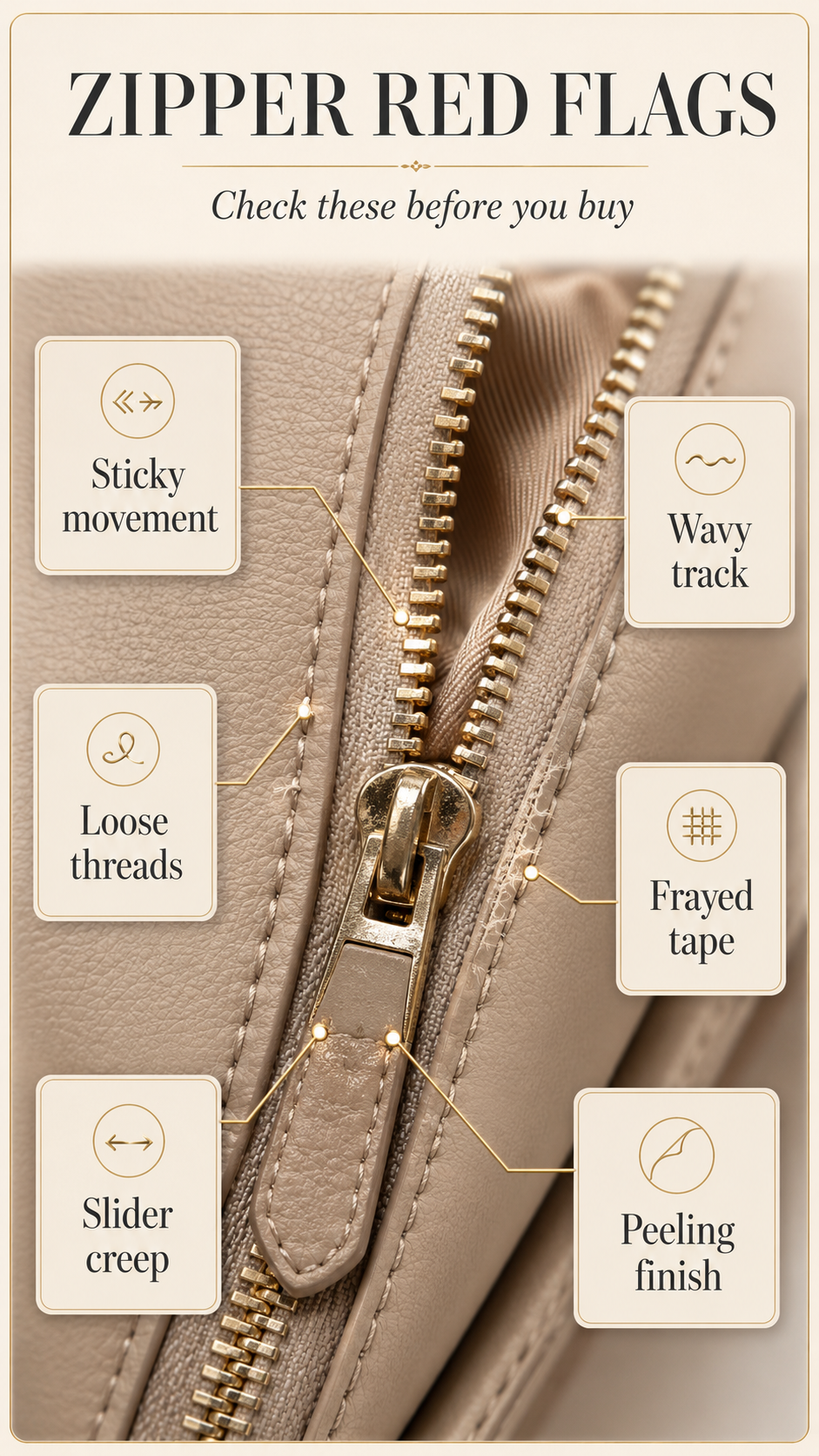 Handbag zipper red flags infographic showing sticky movement, wavy track, loose threads, frayed tape, slider creep, and peeling finish