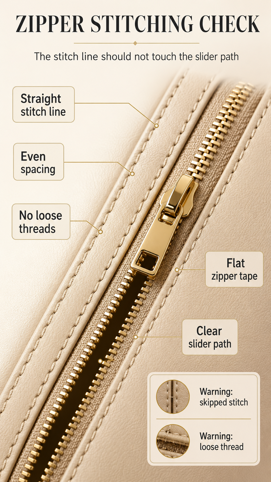 Handbag zipper stitching check showing straight stitches, skipped stitches, loose threads, and zipper tape alignment