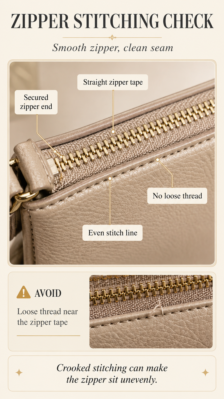Close-up infographic showing zipper tape stitching, secured zipper ends, and loose thread warning on a handbag zipper area