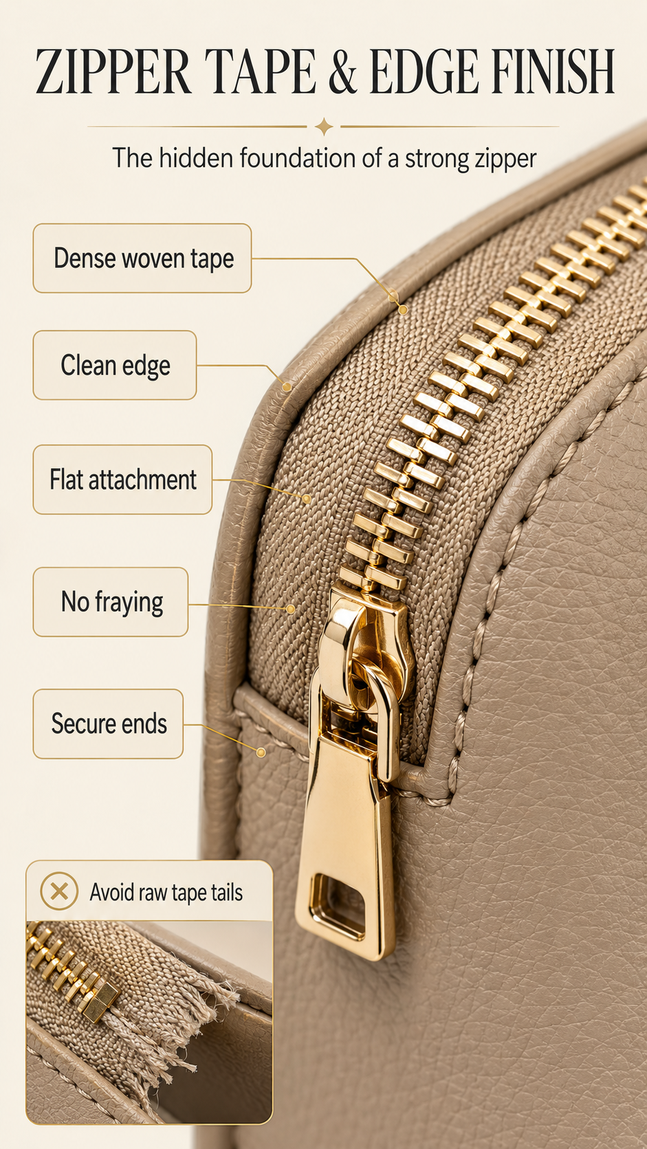 Handbag zipper tape and edge finishing infographic showing dense woven tape, clean edge, flat attachment, no fraying, and secure ends