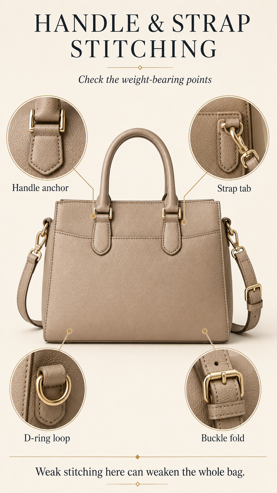 High-end handbag infographic showing handle anchor stitching, strap tab stitching, D-ring stitching, and buckle connection points