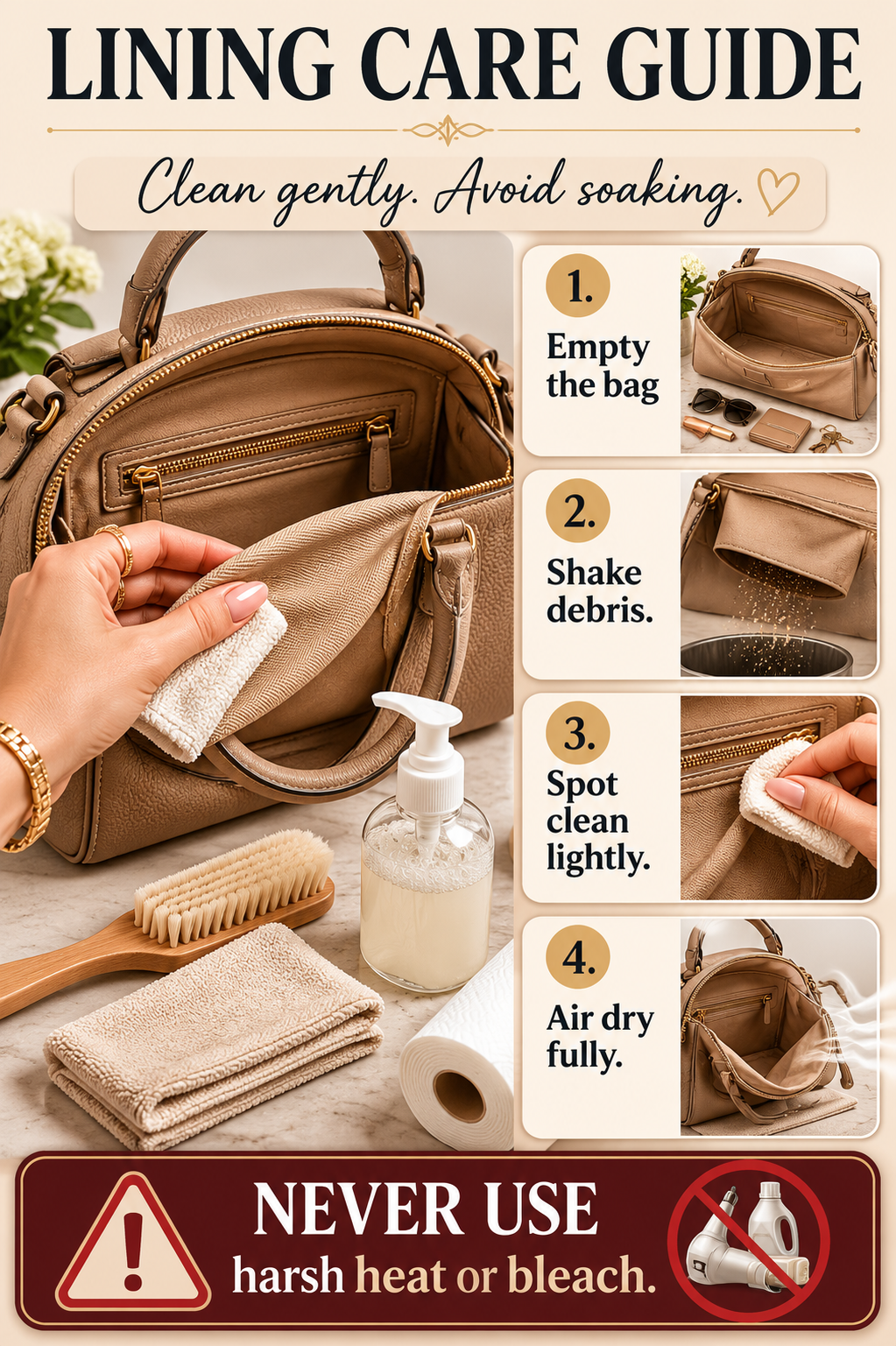 How to Clean Handbag Lining Care Guide Handbag lining care guide with soft brush, microfiber cloth, mild soap, and air drying