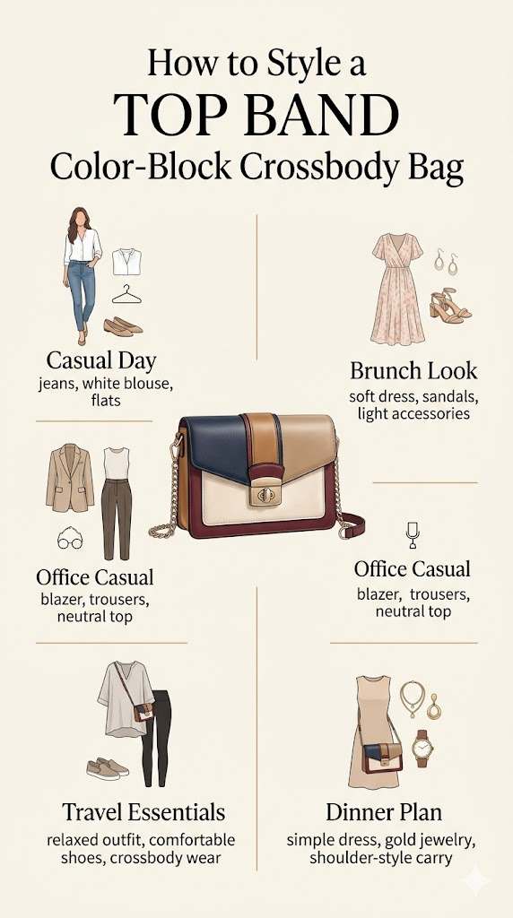 Styling guide for TOP BAND color-block crossbody bag with casual, brunch, office, travel, and dinner outfit ideas