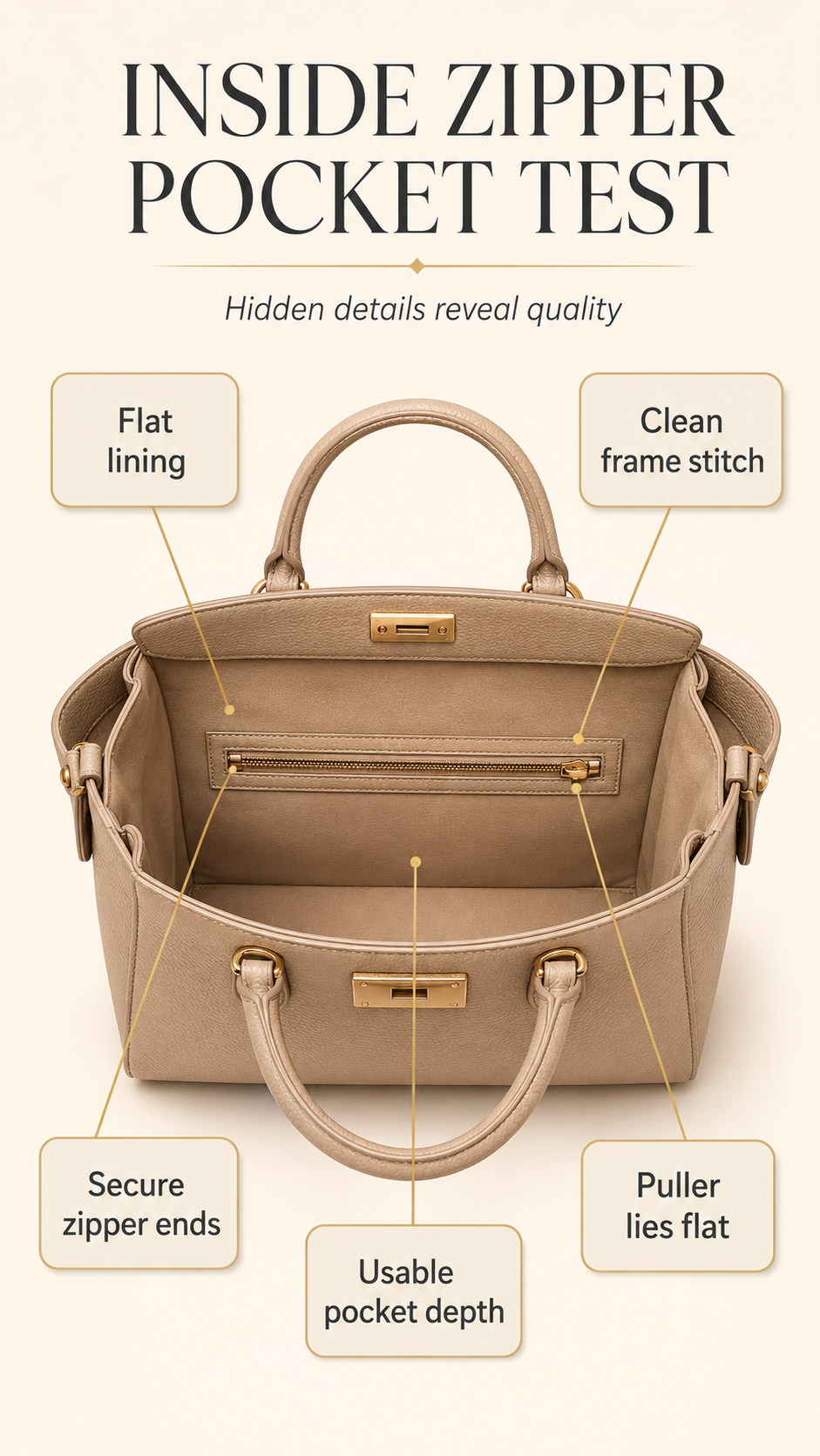 Inside handbag zipper pocket test showing lining clearance, clean frame stitching, flat zipper puller, and secure zipper ends