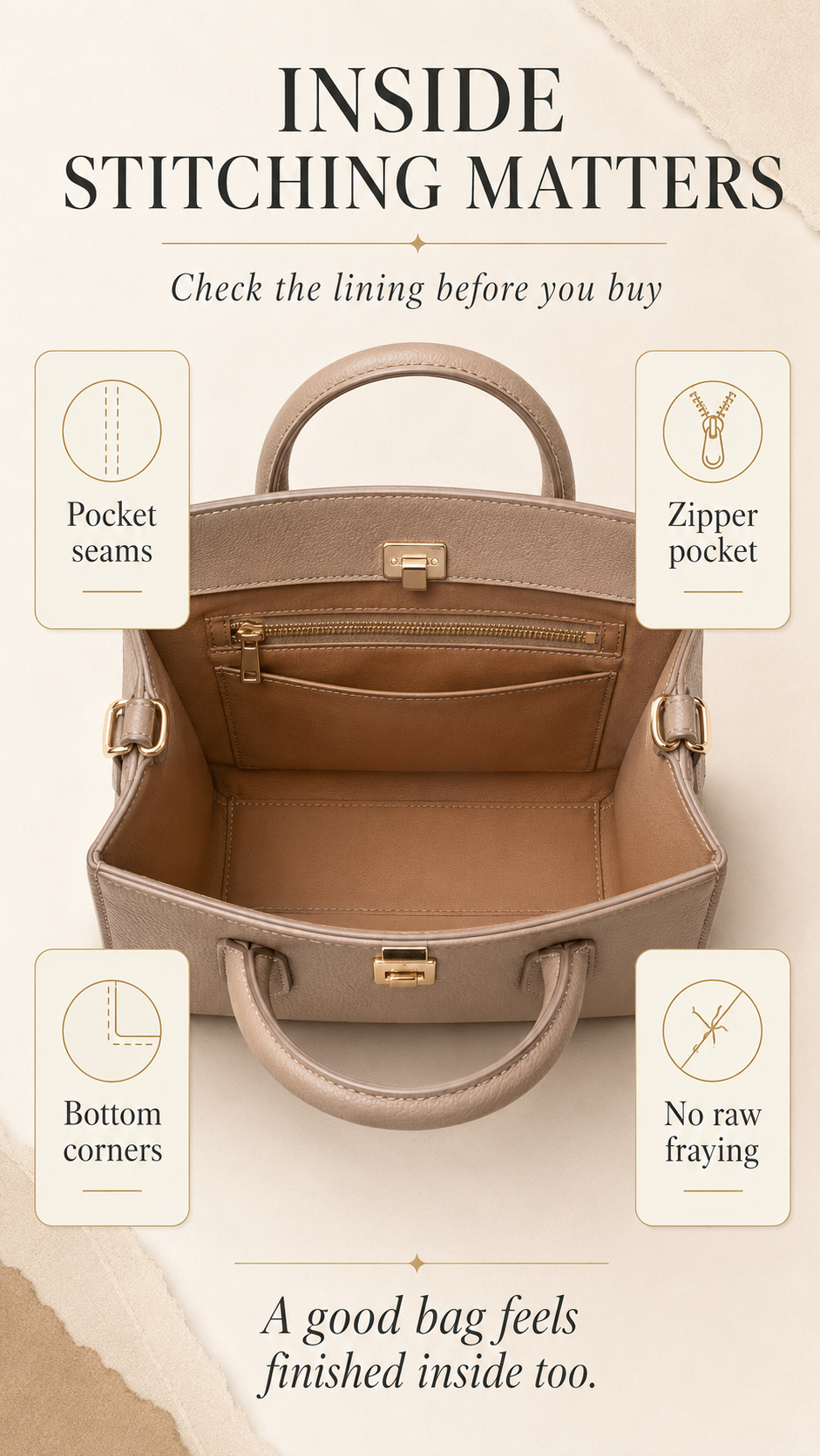 Luxury handbag interior lining stitching infographic showing pocket seam, zipper pocket, bottom lining corners, and clean seam finish