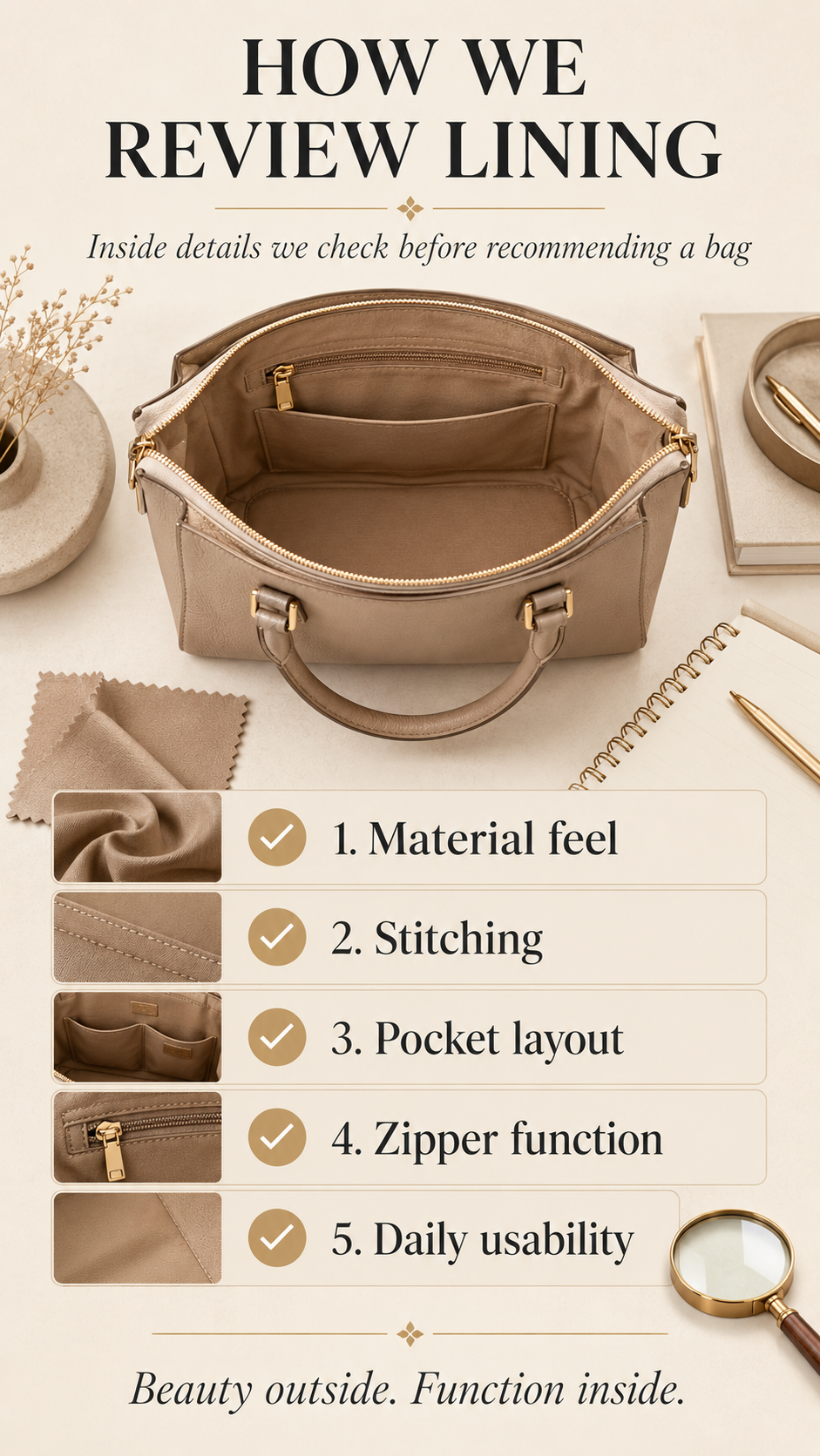 LA GLOSSÉ Bag Lining Review Method LA GLOSSÉ handbag lining review method showing interior layout, stitching, pockets, and material check