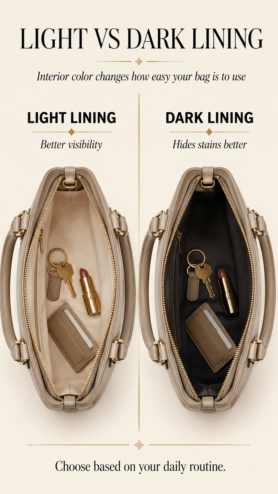 Light vs Dark Bag Lining Visibility Guide Light versus dark handbag lining visibility guide showing item visibility inside a bag