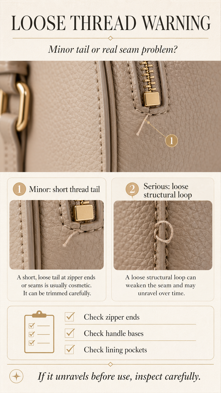 Close-up buyer warning infographic showing loose threads, unfinished ends, and fraying stitch defects on handbag seams