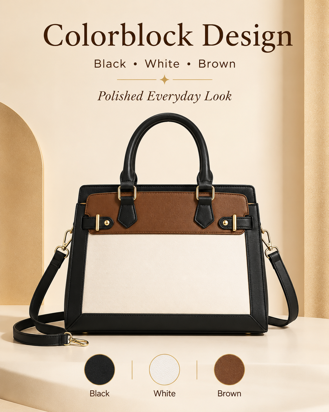 LOVEVOOK black white brown colorblock satchel design details