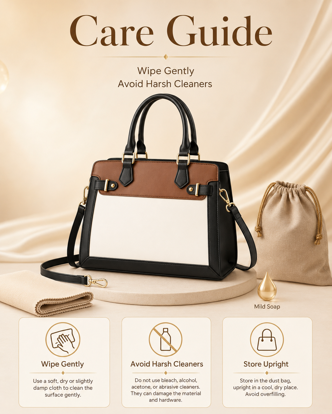 LOVEVOOK PU leather satchel purse care guide infographic