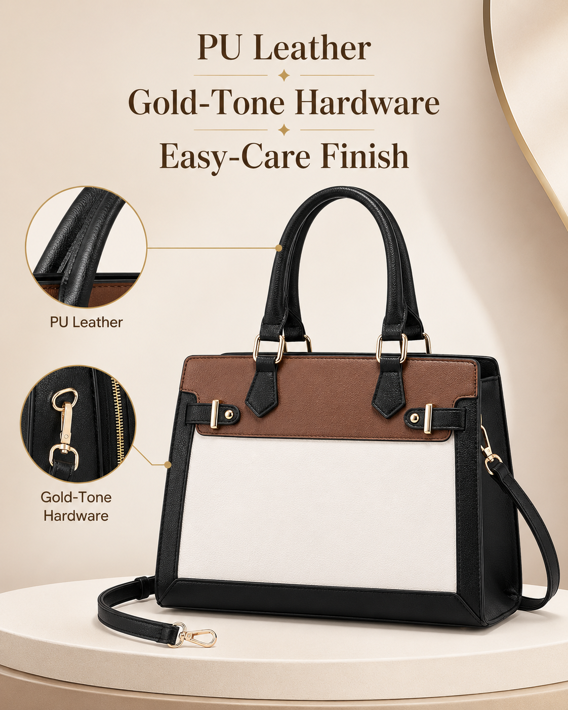 LOVEVOOK satchel PU leather material close up with gold tone hardware