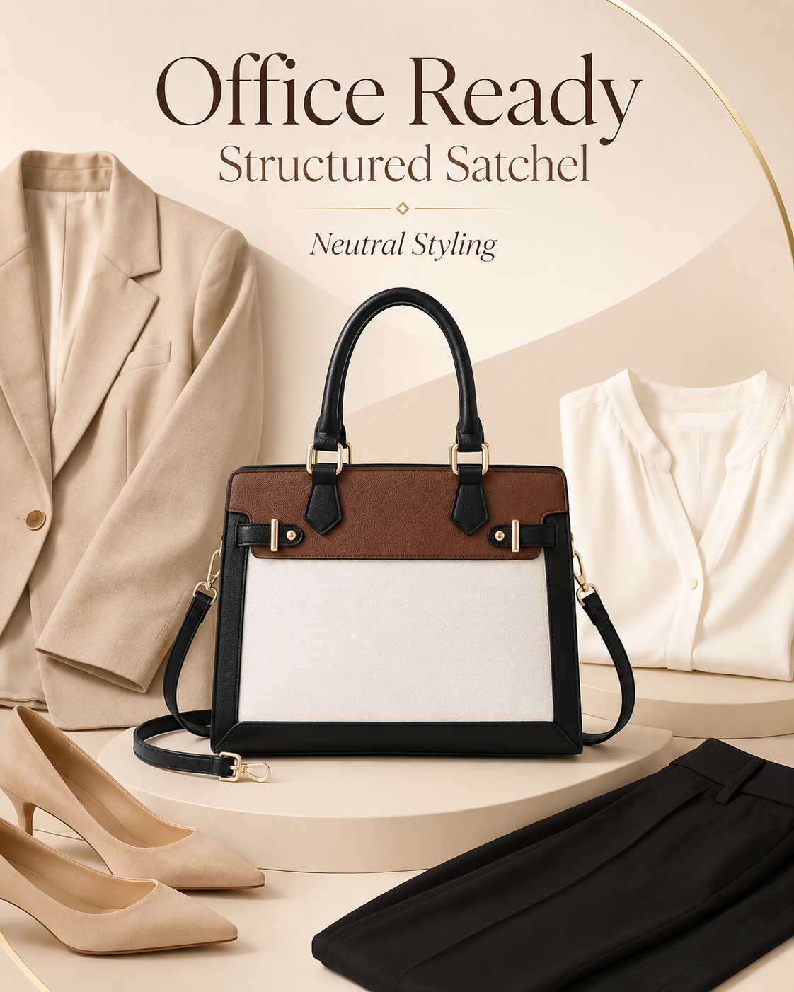 LOVEVOOK black white brown satchel styled with office outfit essentials