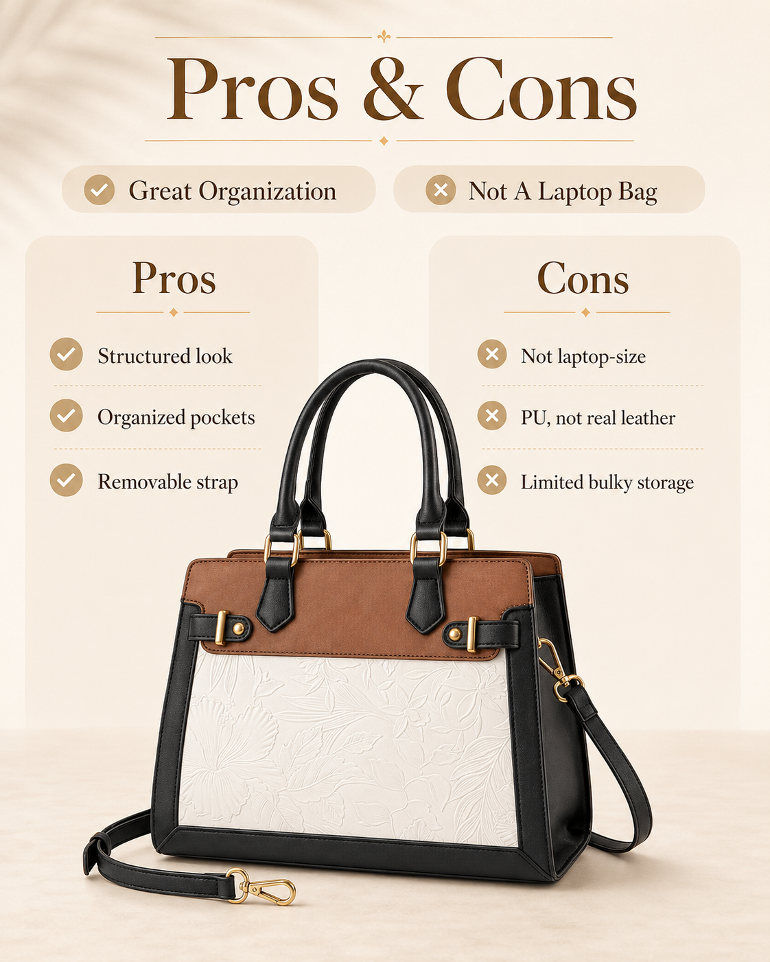LOVEVOOK black white brown satchel pros and cons summary infographic