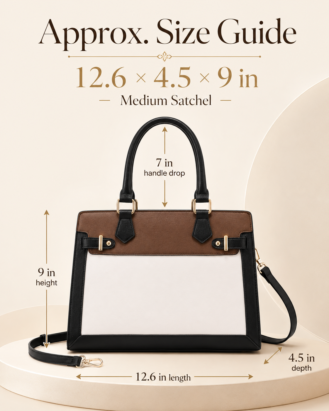 LOVEVOOK black white brown satchel approximate size and dimensions guide