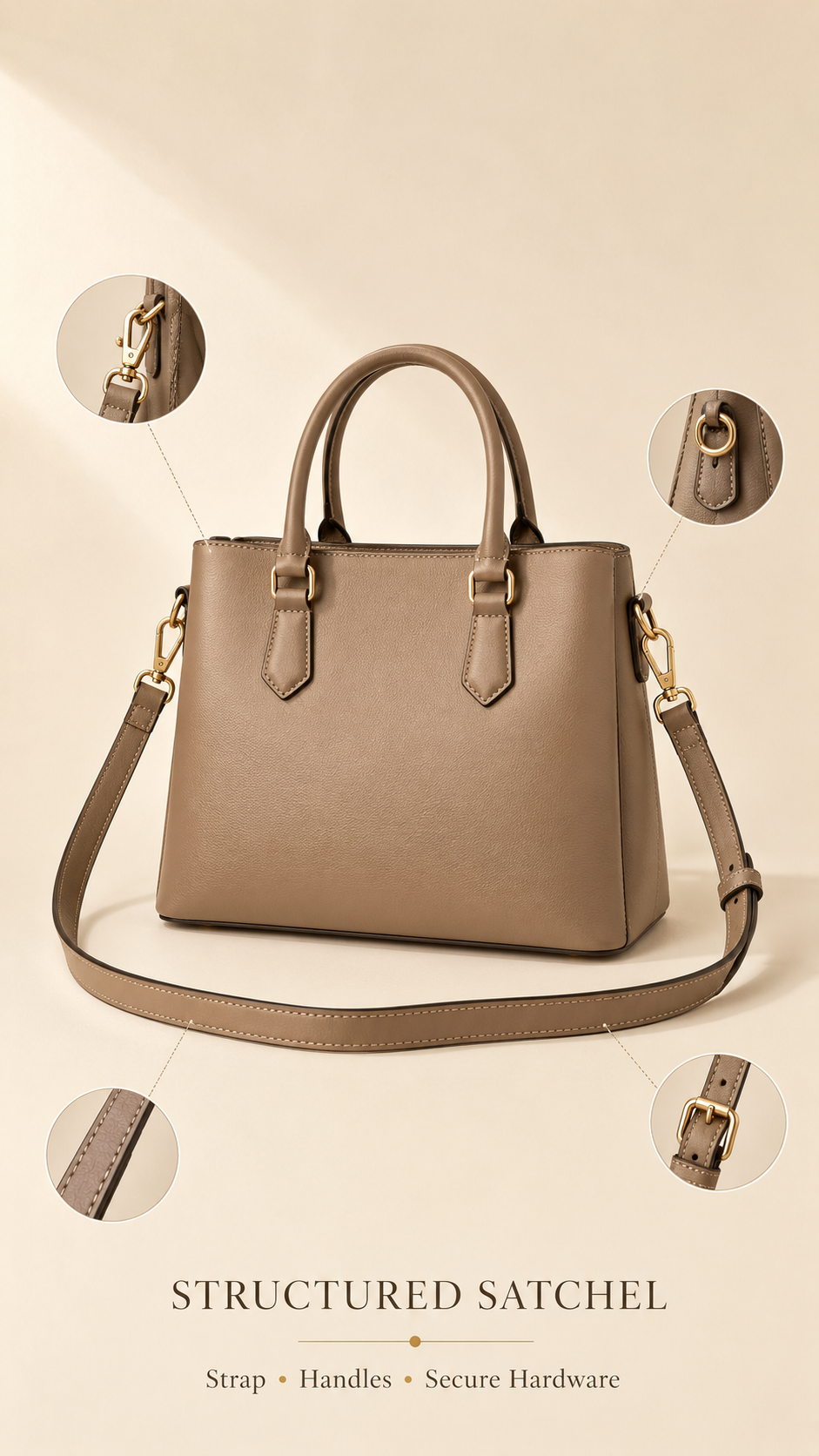 Elegant structured satchel handbag with top handles and shoulder strap for strap quality comparison