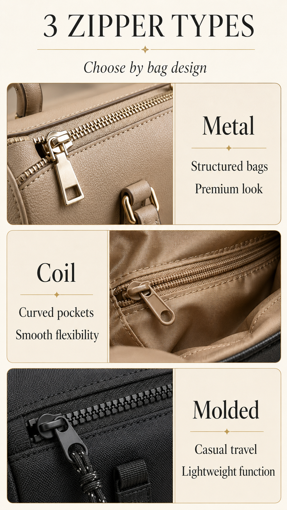 Metal zipper, nylon coil zipper, and plastic molded zipper comparison for handbags and travel bags