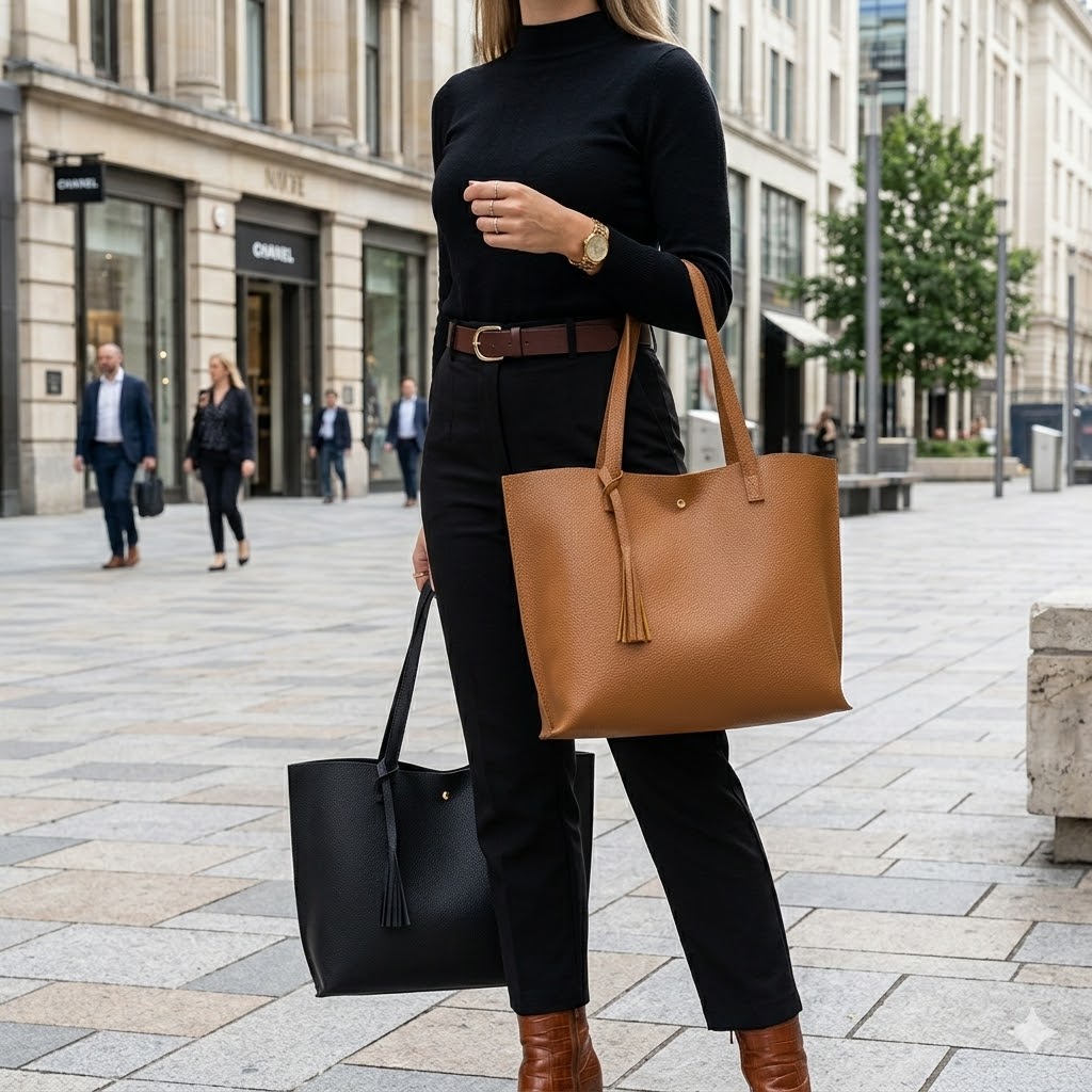 Mixing black and brown purse styling in an outdoor look