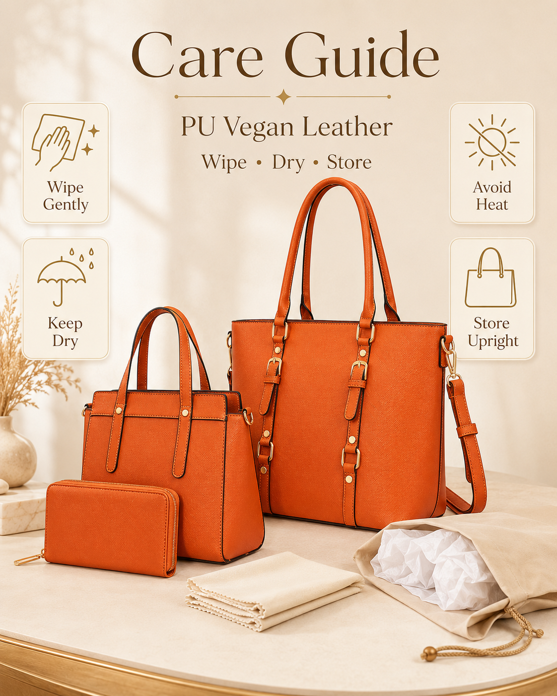 Montana West orange PU vegan leather tote set care guide