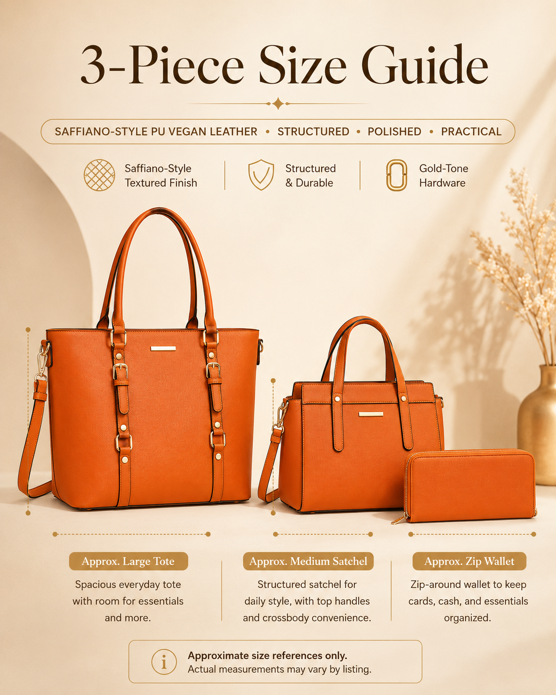 Montana West orange 3 piece tote set size guide