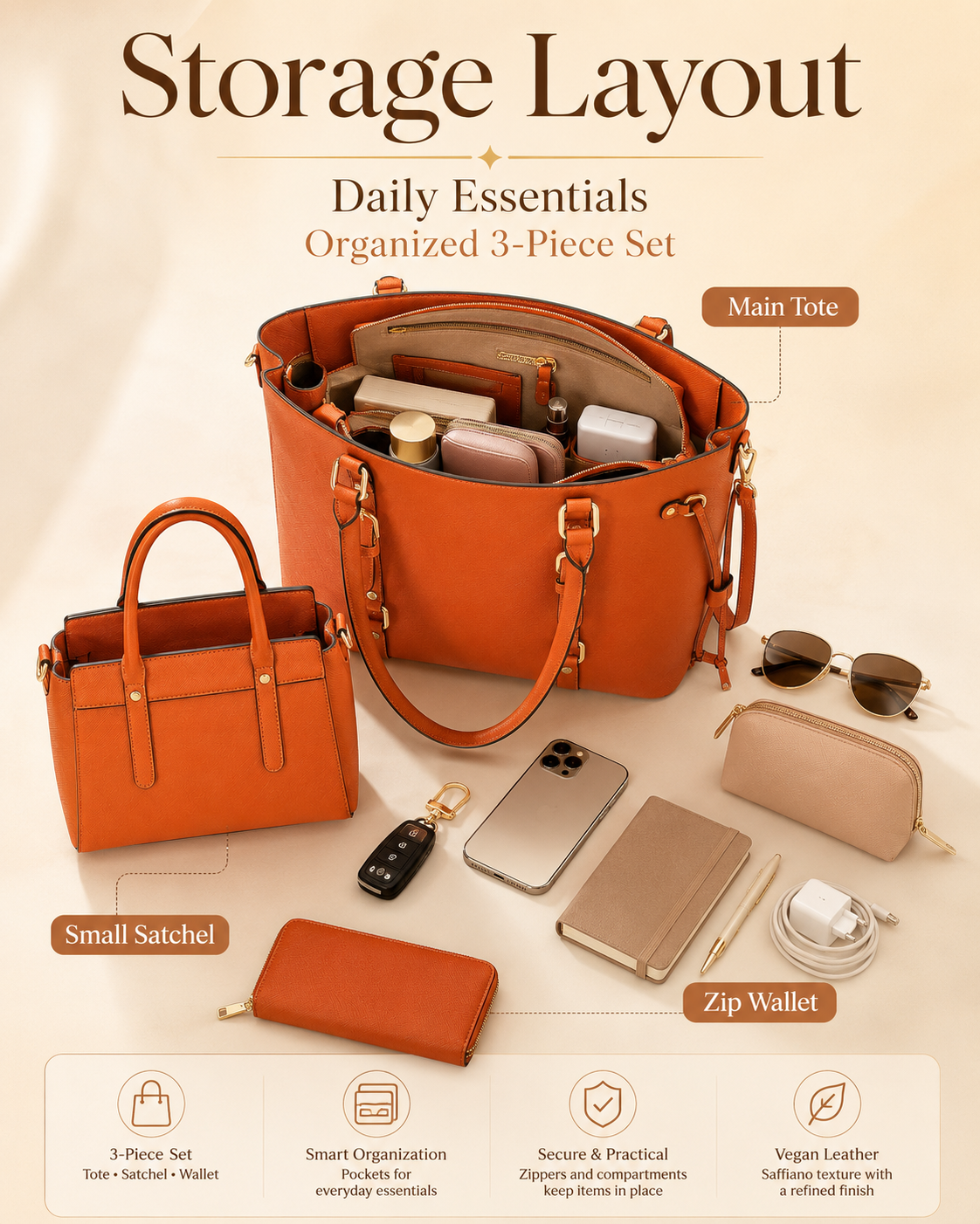 Montana West orange tote set storage layout for daily essentials