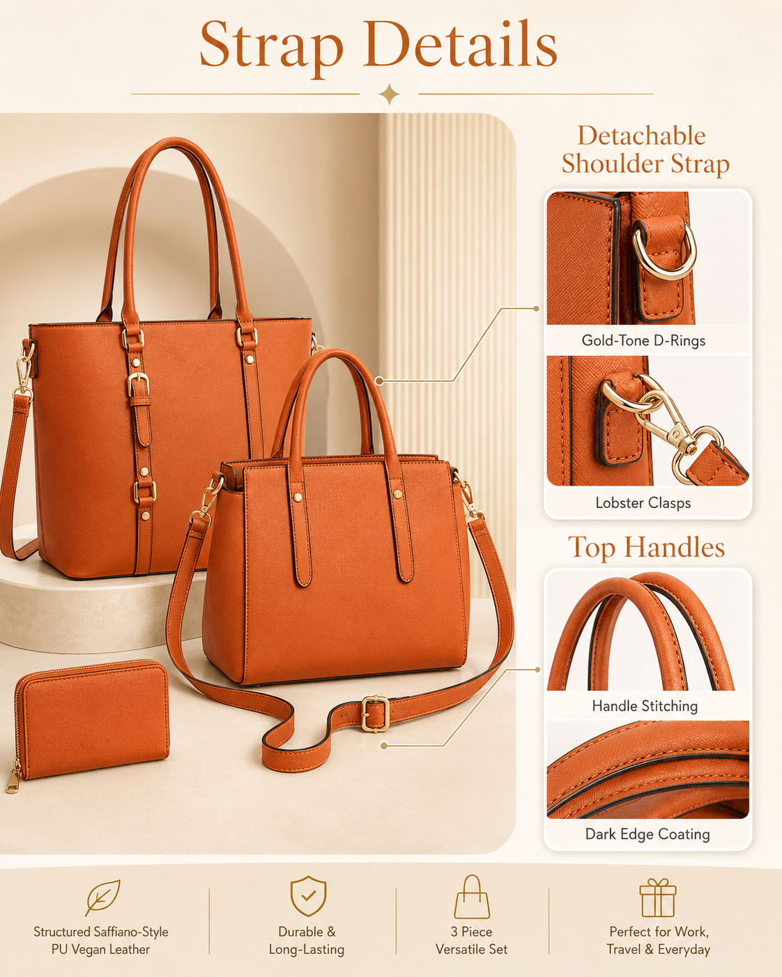 Montana West orange tote set strap and handle details