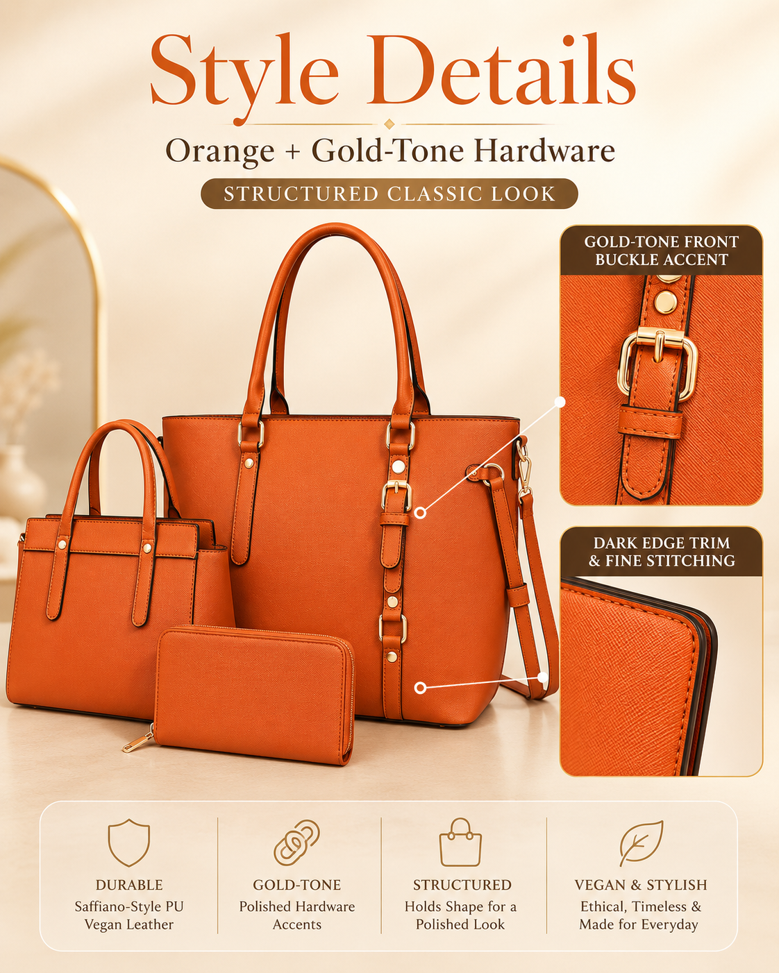 Montana West orange purse set style details with gold hardware and structured shape