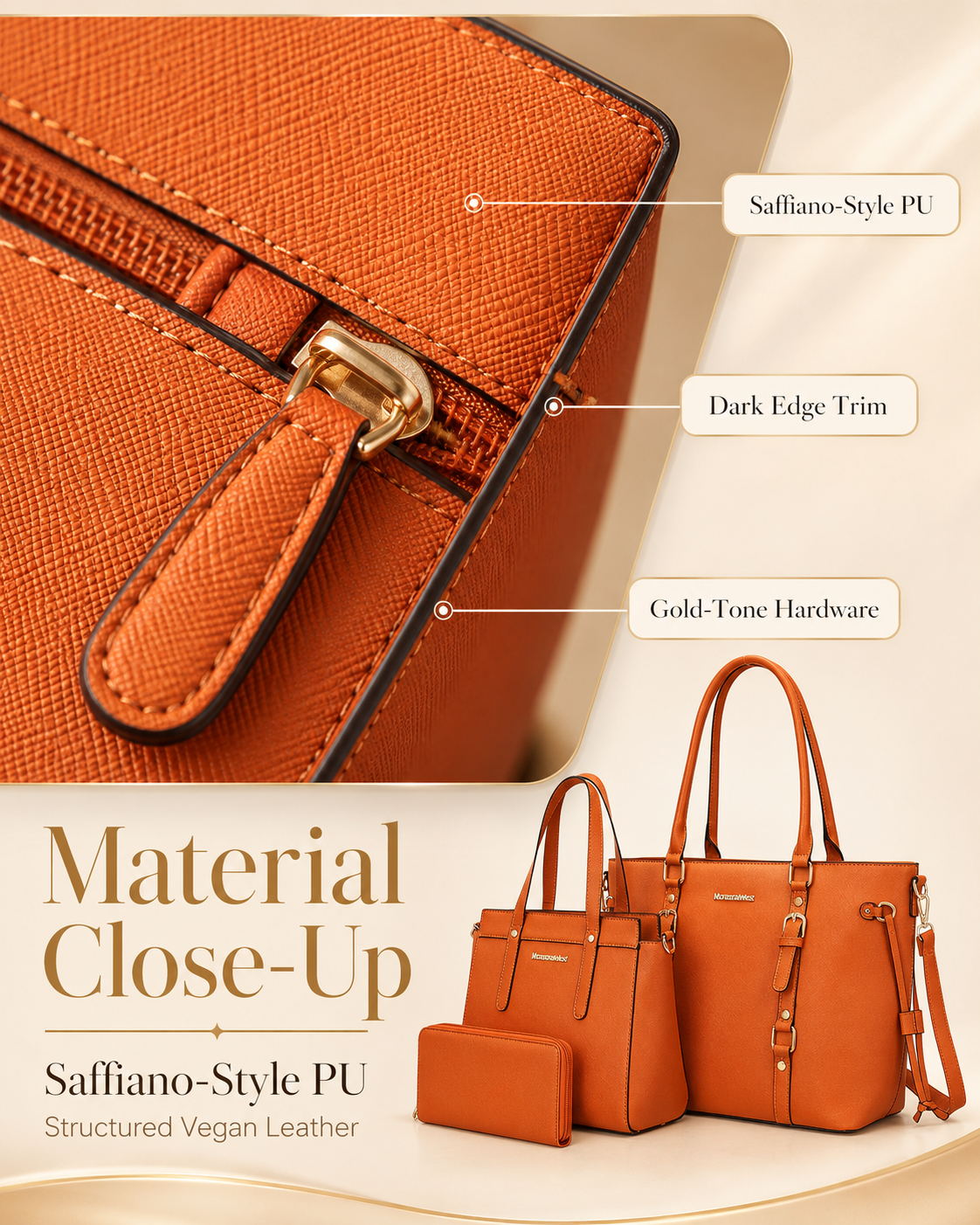 Montana West orange Saffiano PU vegan leather material close up