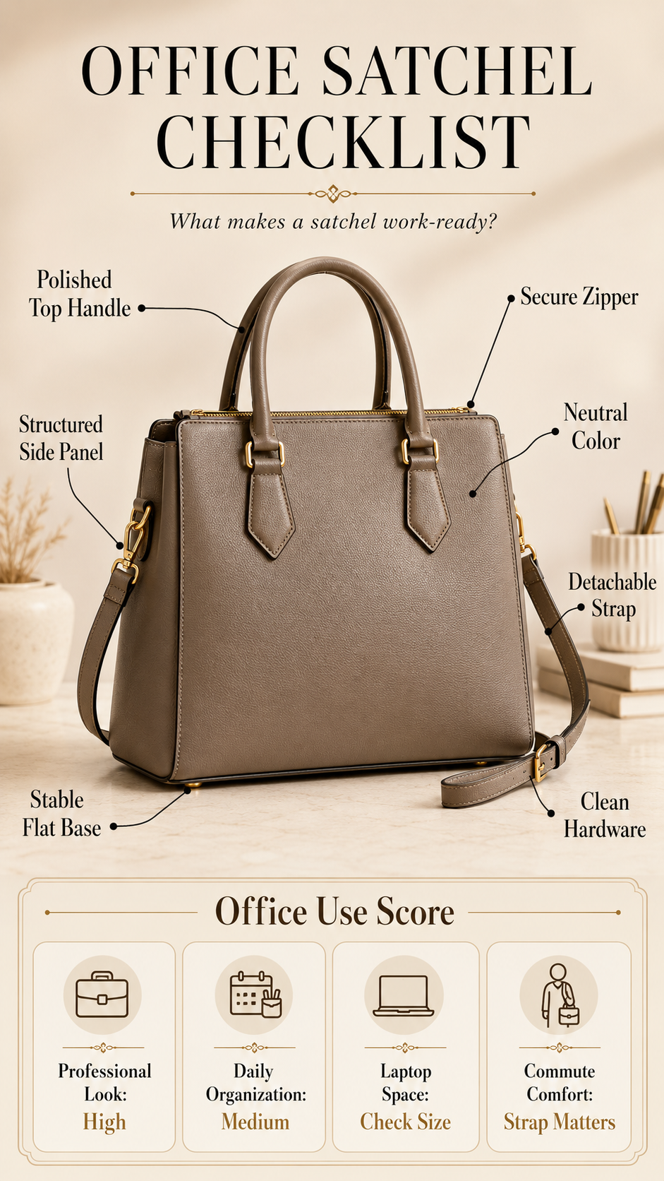 Office structured satchel feature breakdown infographic showing top handle base zipper strap and workwear details