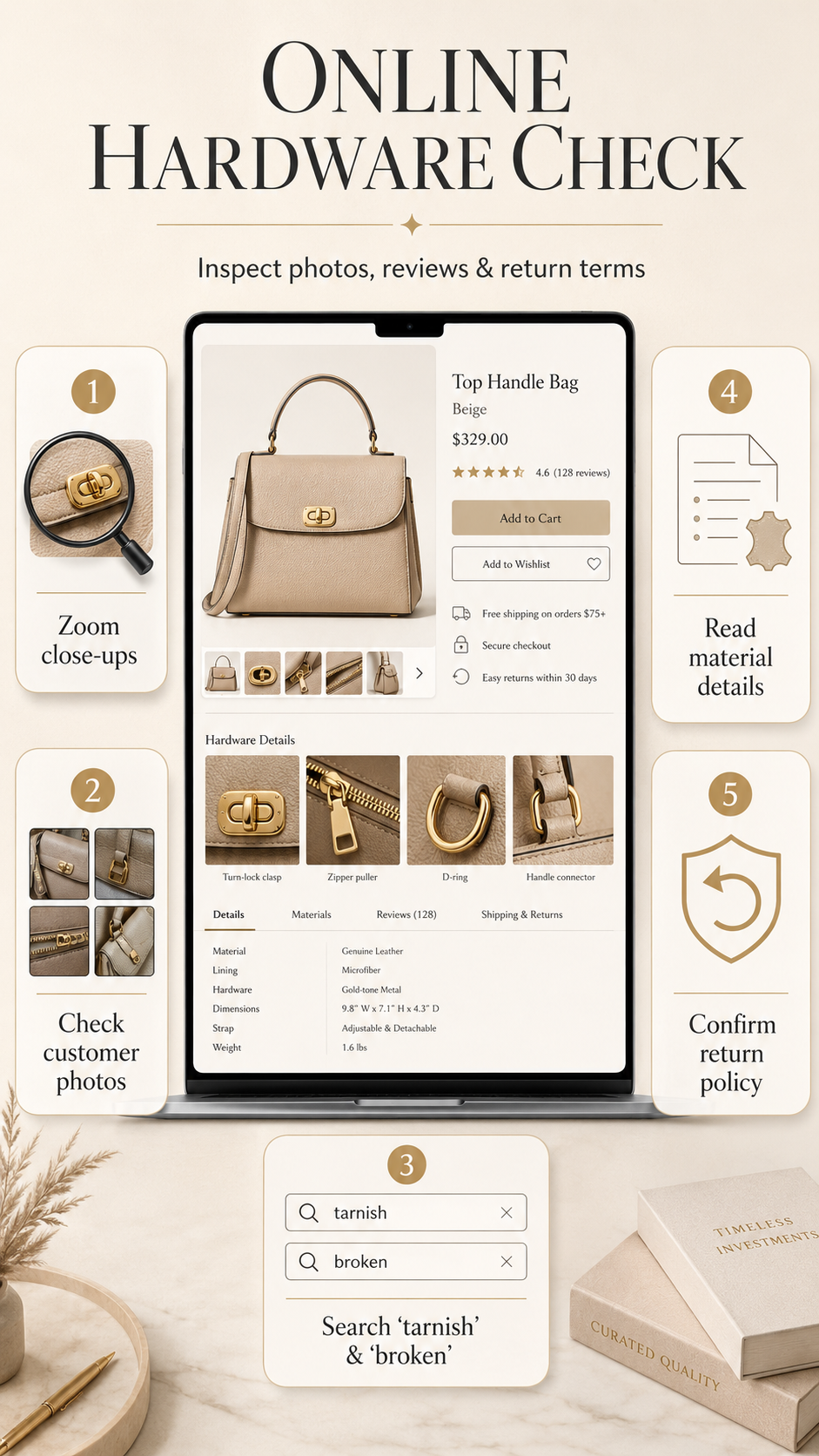 Online handbag hardware check showing product photo zoom, customer review images, material description, and return policy review