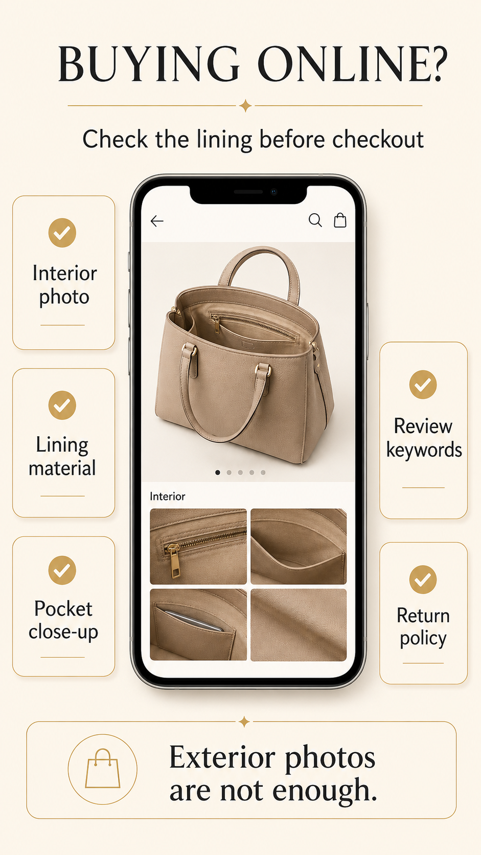 Online Handbag Lining Buying Checklist Online handbag buying checklist showing interior lining photo, pocket check, and review keywords