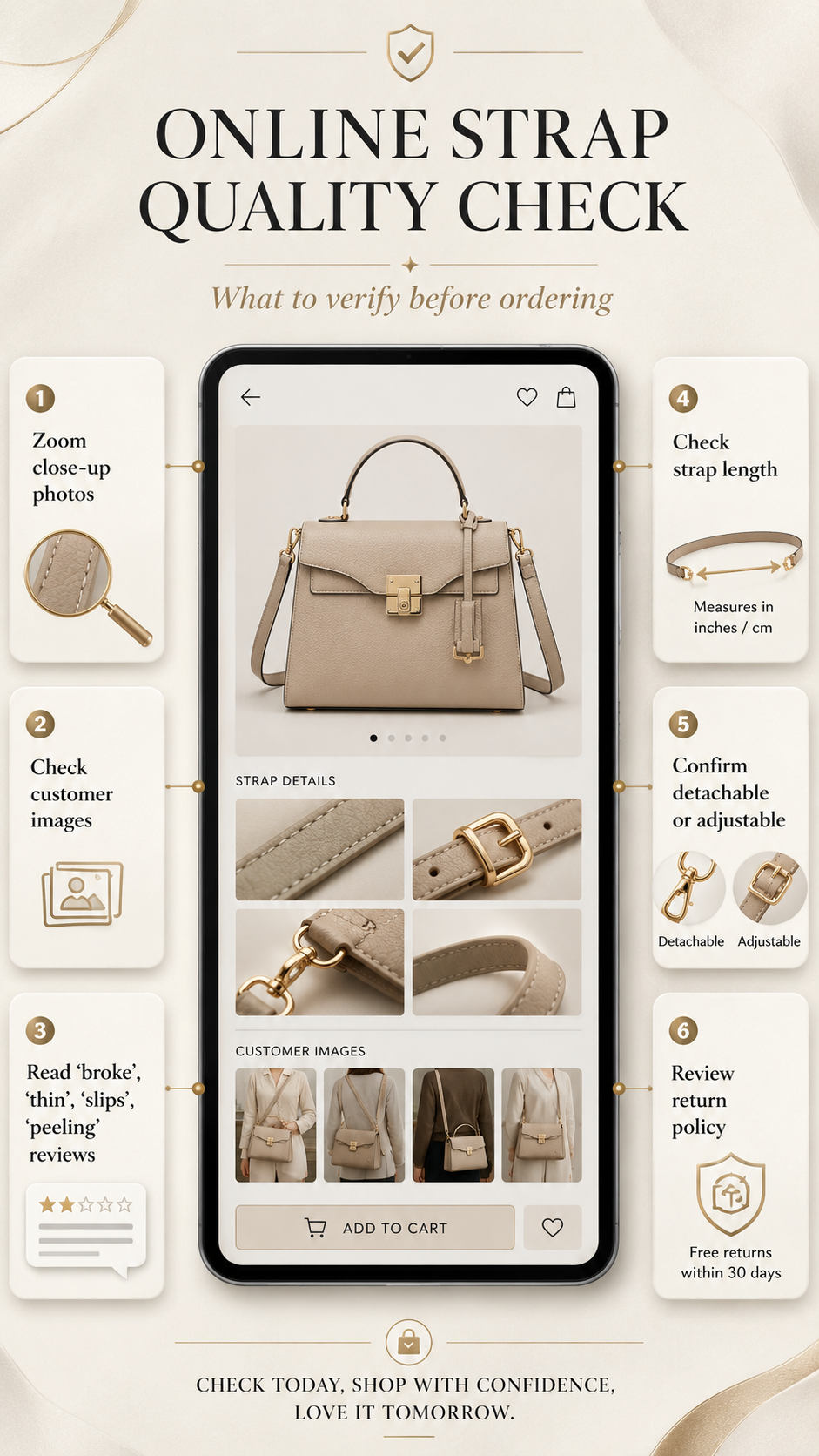 Online Handbag Strap Quality Check Panel Online handbag strap quality check panel showing zoom photos customer images review keywords specifications and return policy