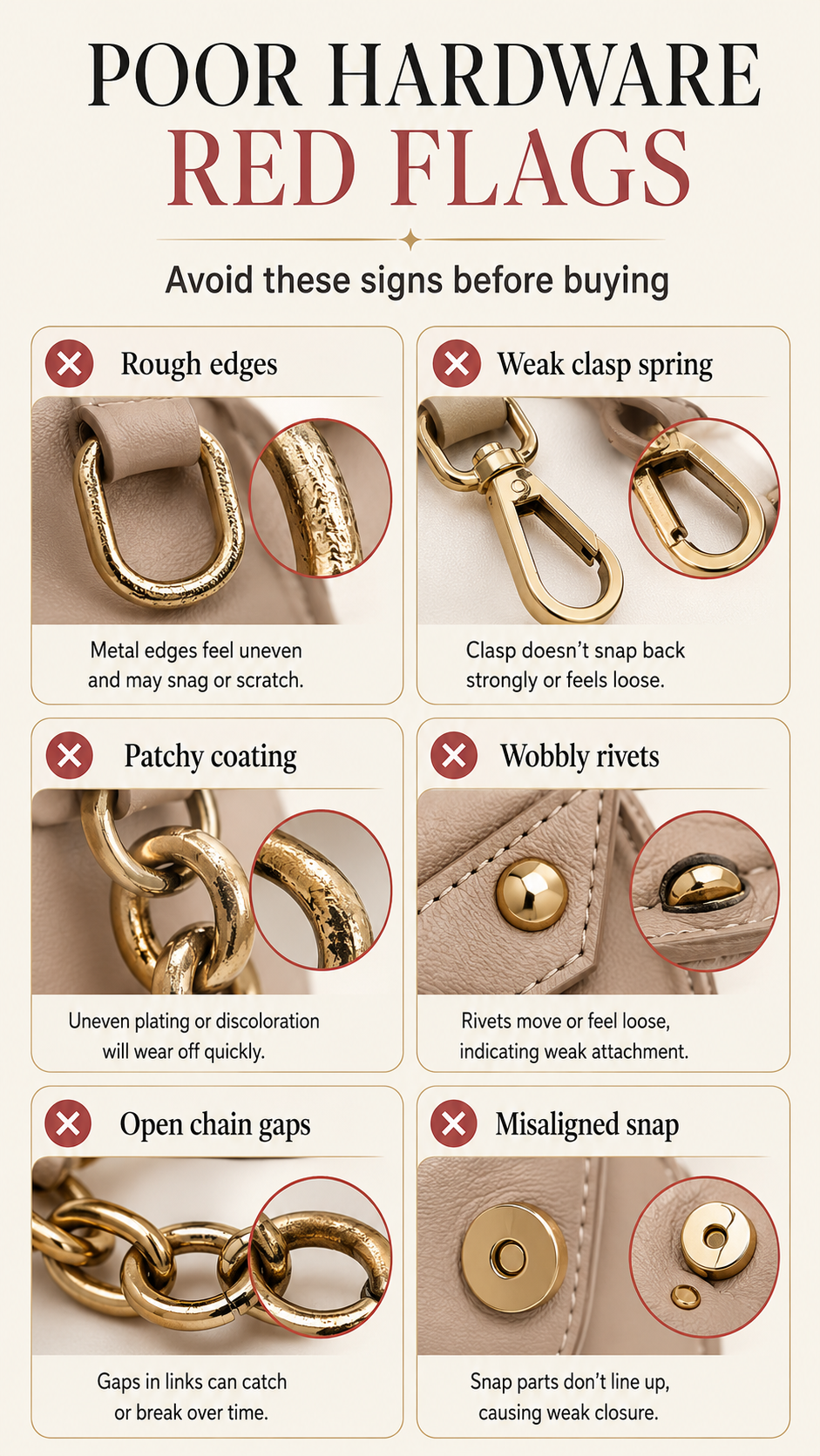 Poor handbag hardware red flags showing rough edges, weak clasp spring, patchy coating, wobbly rivets, and chain link gaps