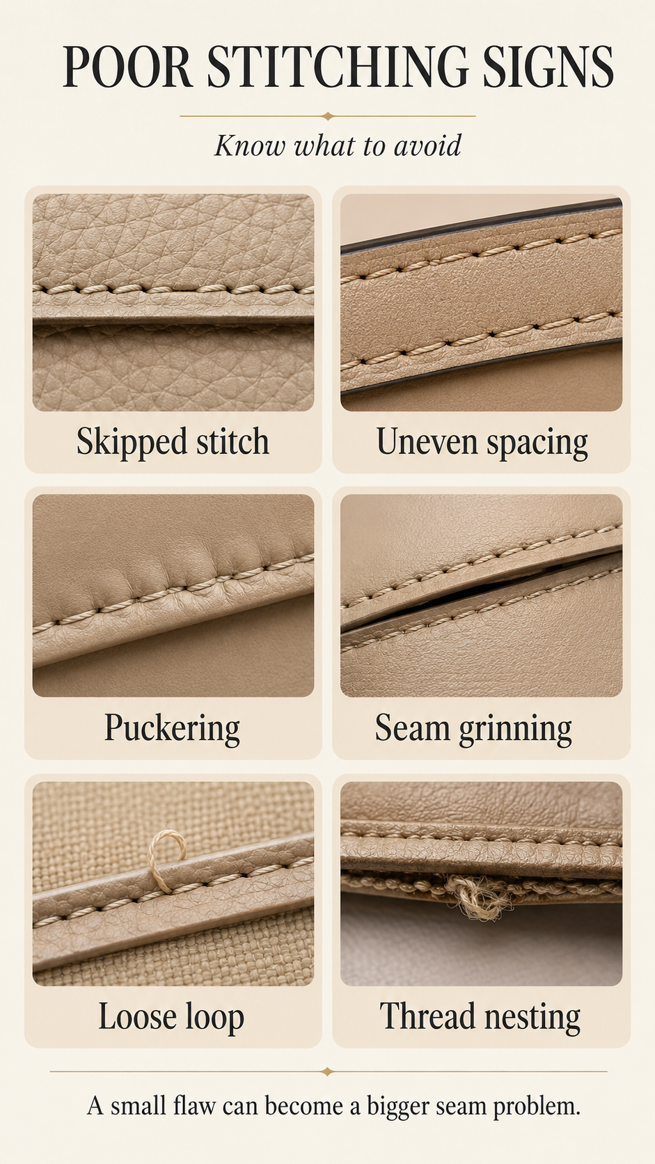 Mobile infographic listing common poor handbag stitching signs including skipped stitches, seam grinning, puckering, loose threads, and bird nesting