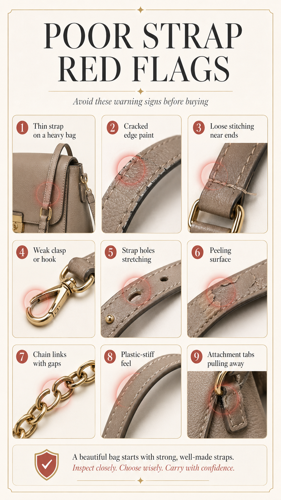 Poor Handbag Strap Red Flags Board Premium rejection board showing poor handbag strap red flags including thin strap cracked edges weak clasp peeling and loose attachment tabs
