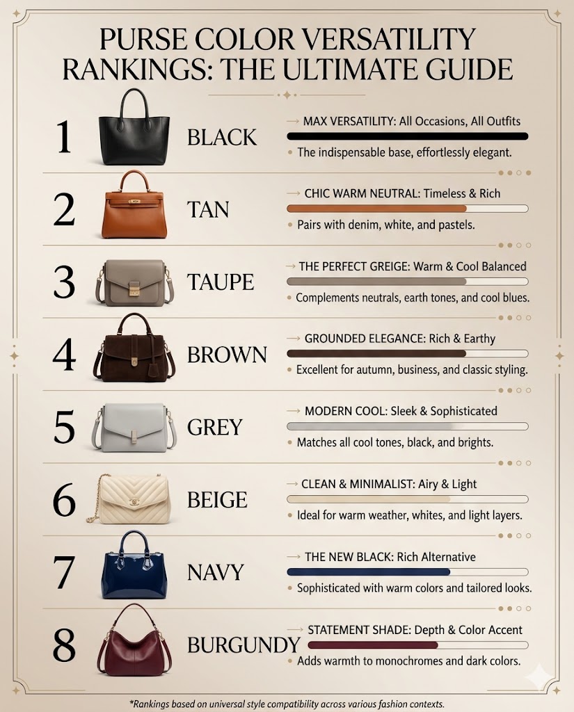Purse color versatility chart ranking black tan taupe brown beige grey navy and burgundy colors